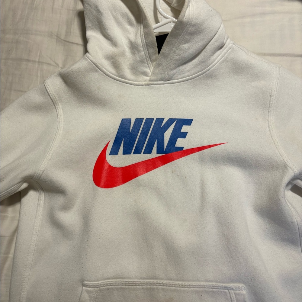 Nike Hoodie in White with Red and Blue Logo